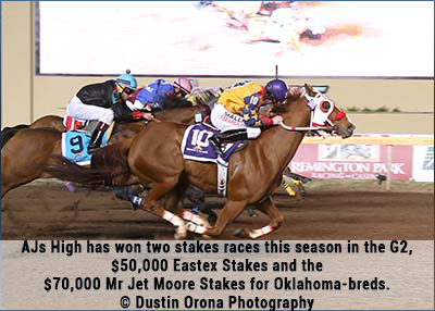 AJs High has won two stakes races this season in the G2, $50,000 Eastex Stakes and the $70,000 Mr Jet Moore Stakes for Oklahoma-breds.  © Dustin Orona Photography 